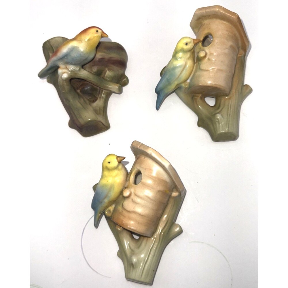 3 trio 1930’s Bird Theme Czechoslovakia Wall Pocket Vase Colorful Czech Ceramic